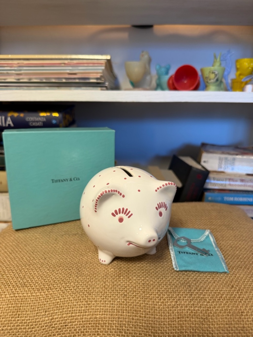 Tiffany & Co. White Ceramic Piggy with Pink Accents and Blue Pouch